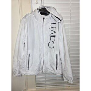 Mens Calvin Klein White Water-Resistant Hooded Jacket  Zip Pockets L Logo